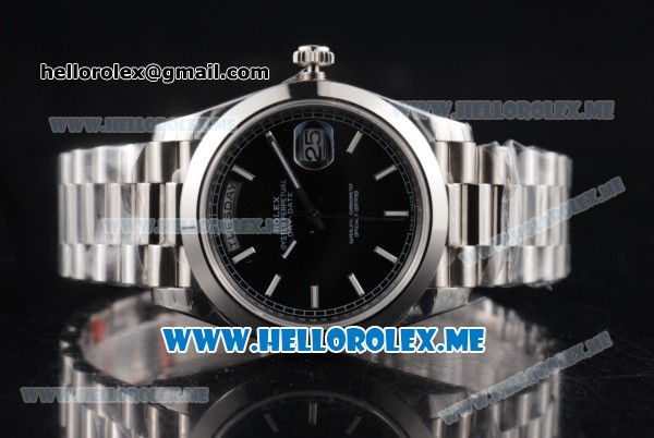 Rolex Day-Date Clone Rolex 3255 Automatic Stainless Steel Case/Bracelet with Black Dial and White Stick Markers - Click Image to Close